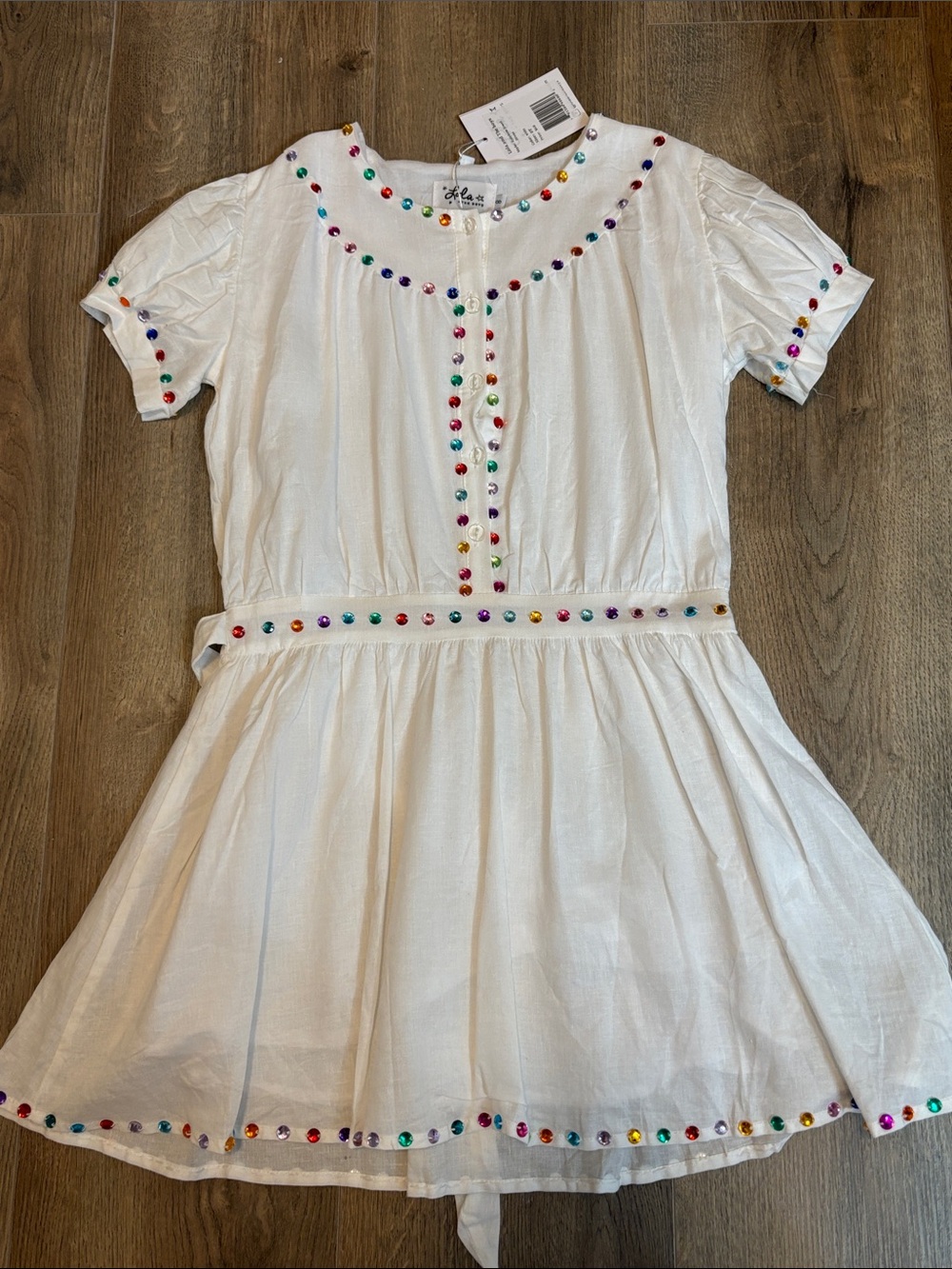 Lola + The Boys White Dress with Multicolor Gem Trim